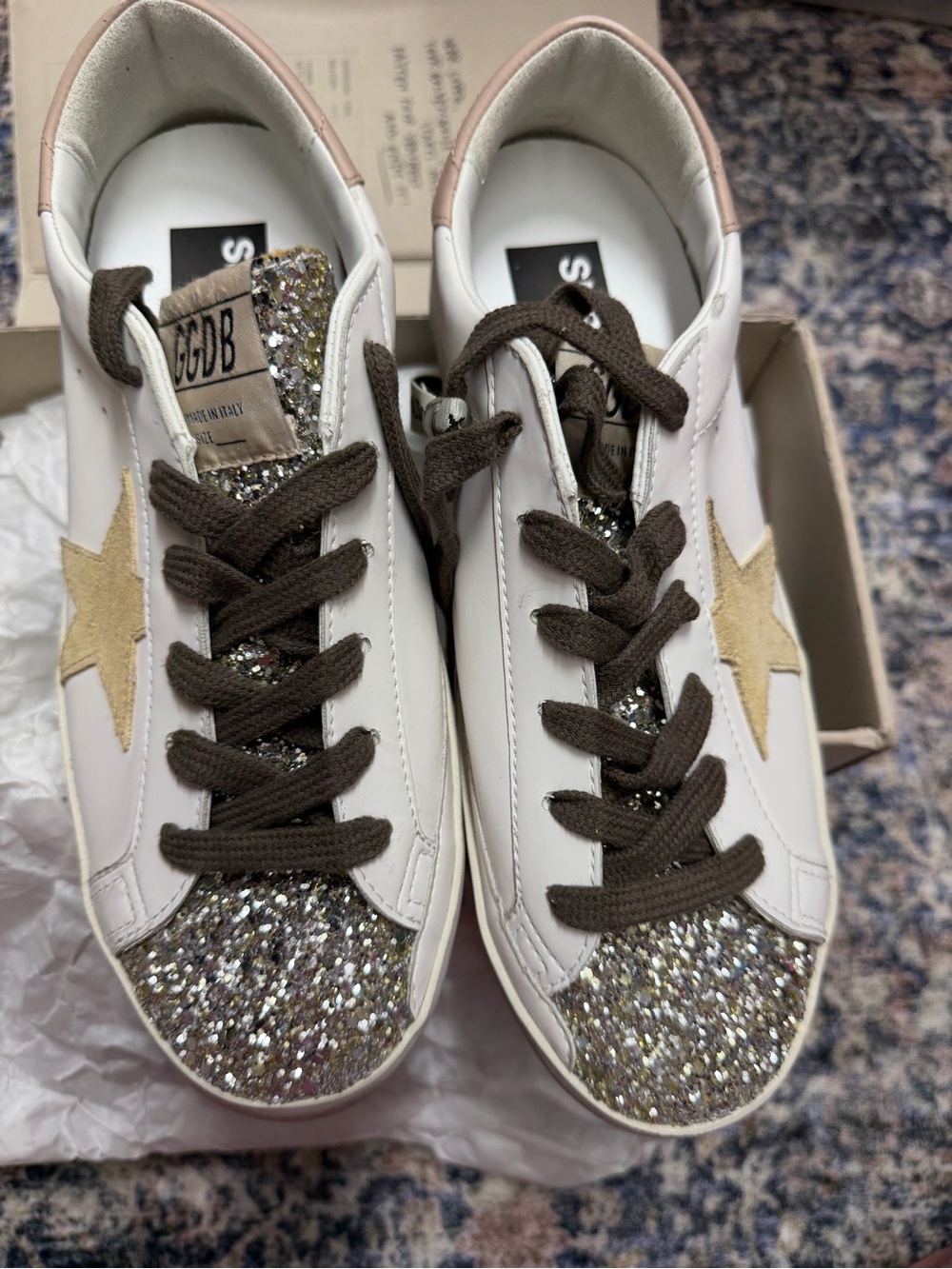 Golden Goose White Sneakers with Gold Glitter Toe and Tan Star